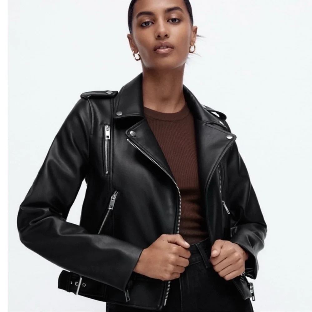 Zara Black Faux Leather Moto Jacket Biker Zip Jacket Women’s Large NWT - Picture 1 of 7